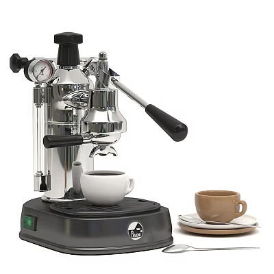 Manual Espresso Machine With Pressure Gauge And Coffee Cups In Kitchen 3d model