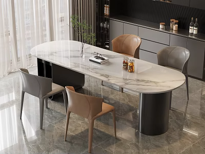 Modern Dining Table Set With Oval Marble Top Black Legs And Four Gray Brown Chairs 3d model