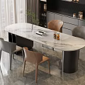 Modern Dining Table Set With Oval Marble Top Black Legs And Four Gray Brown Chairs