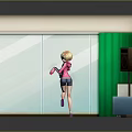 Cartoon Scene With Dancing Girl Green Curtains Wooden Floor Lockers And Blue Sofas