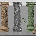 Ornate Decorative Columns In Various Colors With Intricate Carvings And Green Plants