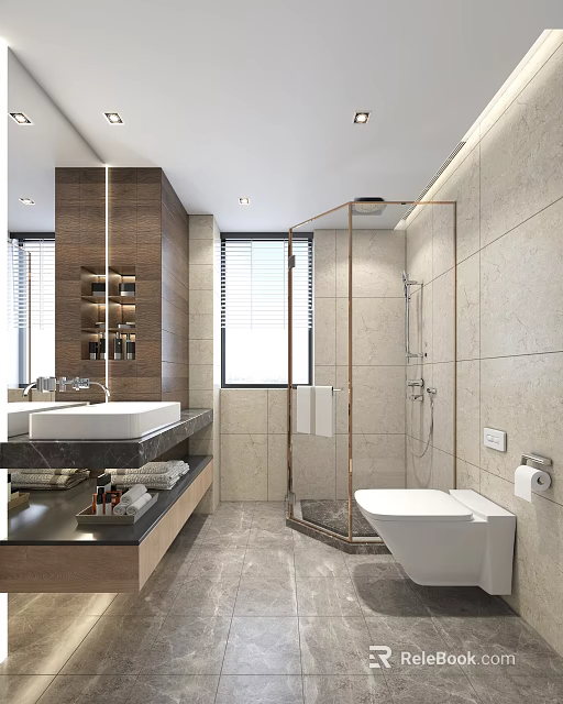 Modern Light Luxury Bathroom With Marble Tiles Wood Storage And Gold Framed Glass Shower Design 3d model 