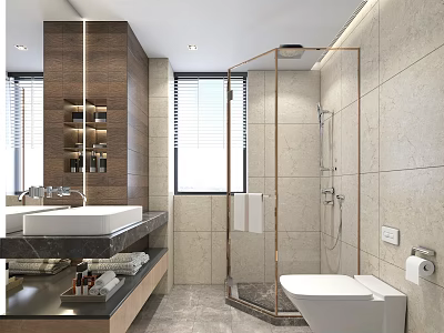 Modern Light Luxury Bathroom With Marble Tiles Wood Storage And Gold Framed Glass Shower Design 3d model