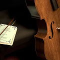 Wooden Cello on Red Circular Platform with Black Chair and Sheet Music