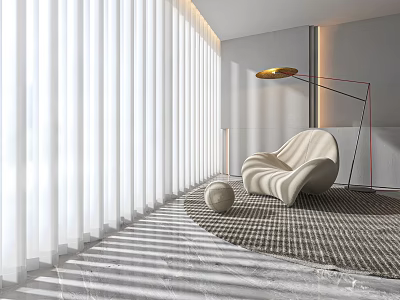 White Vertical Light Filtering Curtains In Modern Living Room With Cozy Chair And Floor Lamp 3d model