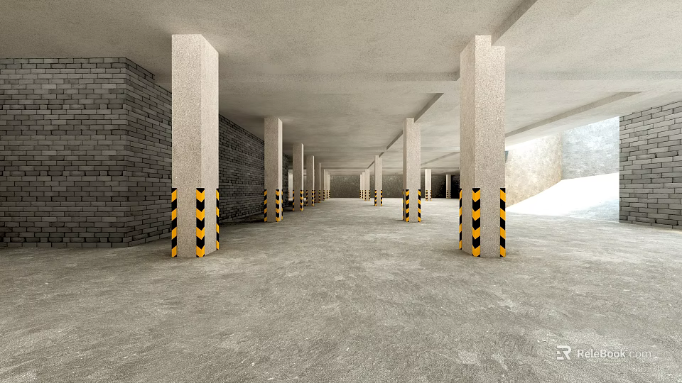 Parking Garage With Concrete Pillars Yellow Black Warning Strips Gray Concrete Floor And Brick Wall 3d model 