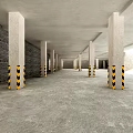Parking Garage With Concrete Pillars Yellow Black Warning Strips Gray Concrete Floor And Brick Wall