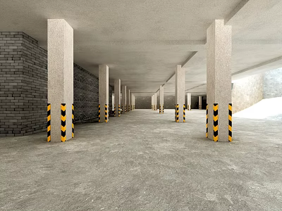 Parking Garage With Concrete Pillars Yellow Black Warning Strips Gray Concrete Floor And Brick Wall 3d model