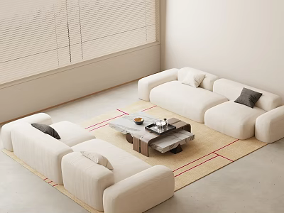 Modern Minimalist White Sofa Coffee Table Set In Living Room With Carpet And Blinds 3d model
