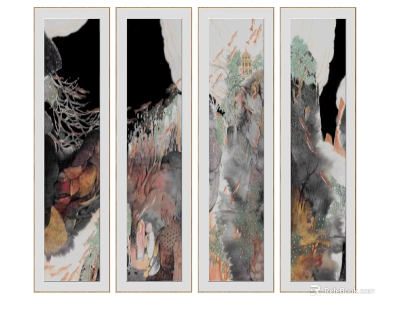 Four Traditional Chinese Ink Scrolls With Mountain Landscape Trees And Clouds 3d model 