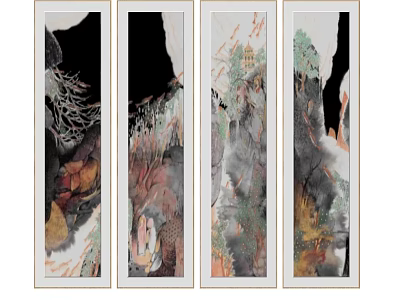Four Traditional Chinese Ink Scrolls With Mountain Landscape Trees And Clouds 3d model