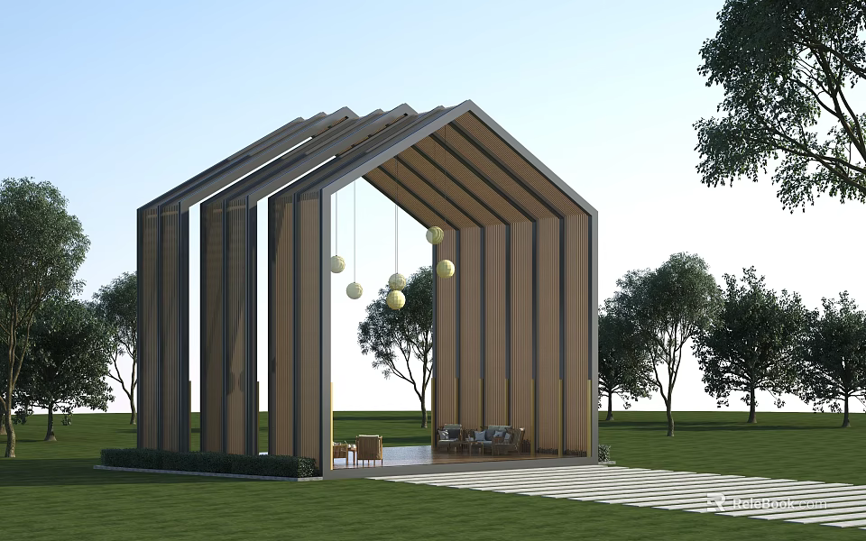 Modern Wooden Pergola With Sloped Roof Hanging Lights And Outdoor Seating Area 3d model 