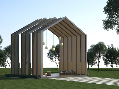 Modern Wooden Pergola With Sloped Roof Hanging Lights And Outdoor Seating Area 3d model