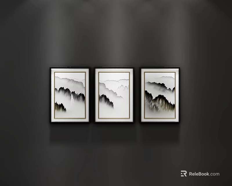 Three Black And White Mountain Landscape Paintings In Framed Artwork On Dark Wall With Lighting 3d model 