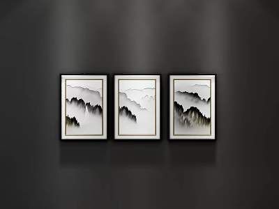 Three Black And White Mountain Landscape Paintings In Framed Artwork On Dark Wall With Lighting 3d model