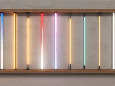 Colorful Strip Decorative Lights Mounted On Wooden Frame Against Gray Wall 3d model