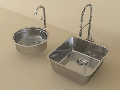 Modern Stainless Steel Kitchen Sink with Round and Square Shapes and Pull out Faucet 3d model