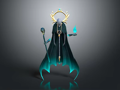 Cloaked Fantasy Character With Golden Halo Glowing Staff And Blue Aura 3d model