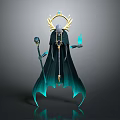 Cloaked Fantasy Character With Golden Halo Glowing Staff And Blue Aura