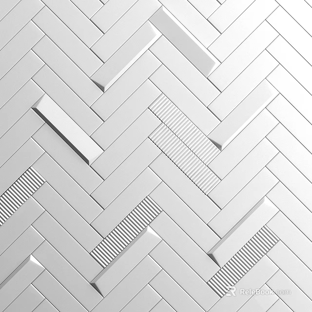 Modern white floor tiles featuring herringbone layout and textured strip details 3d model