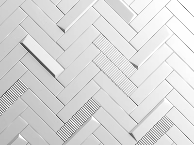Modern white floor tiles featuring herringbone layout and textured strip details 3d model