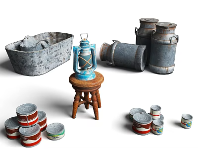 Vintage Kerosene Lamp On Wooden Stool With Metal Buckets Wooden Basket And Small Metal Cans 3d model