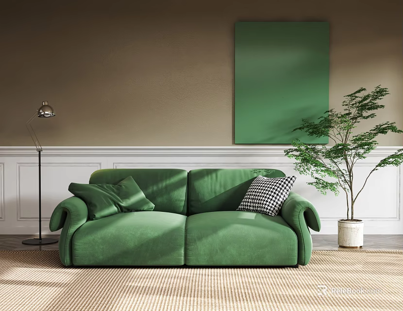 Elegant Green Velvet Two Seater Sofa with Floor Lamp Green Wall Art and Potted Plant 3d model 