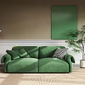 Elegant Green Velvet Two Seater Sofa with Floor Lamp Green Wall Art and Potted Plant