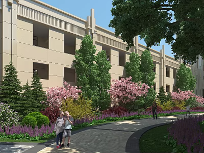 Beautiful Residential Landscape With Beige Building Lush Trees Pink Flowers And Brick Pathway 3d model