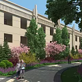 Beautiful Residential Landscape With Beige Building Lush Trees Pink Flowers And Brick Pathway