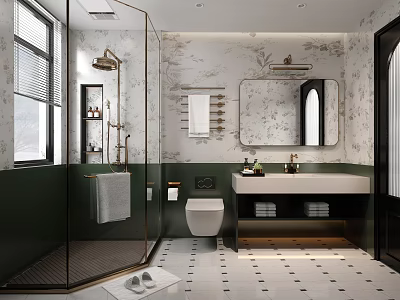 Elegant Modern Bathroom With Glass Shower Green Accent Wall Marble Vanity And Large Mirror 3d model