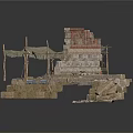Ancient Stone Structure Scene With Canopies Wooden Poles And Stone Steps