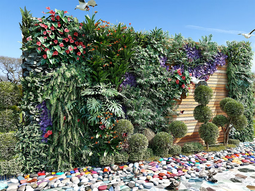 Living Green Wall With Diverse Plants Colorful Flowers Pebble Ground And Wooden Backdrop 3d model 