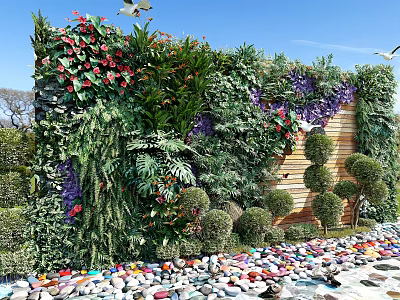 Living Green Wall With Diverse Plants Colorful Flowers Pebble Ground And Wooden Backdrop 3d model