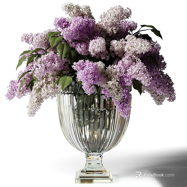 Elegant Ribbed Glass Vase With Gorgeous Purple And White Lilac Flowers 3d model 