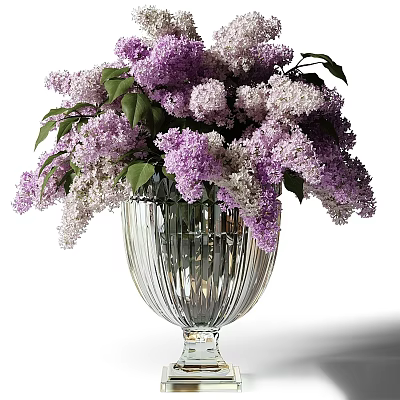 Elegant Ribbed Glass Vase With Gorgeous Purple And White Lilac Flowers 3d model
