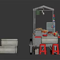 Mobile Commercial Food Cart Equipment With Display Trays Metal Roof Wheels And Red Stools