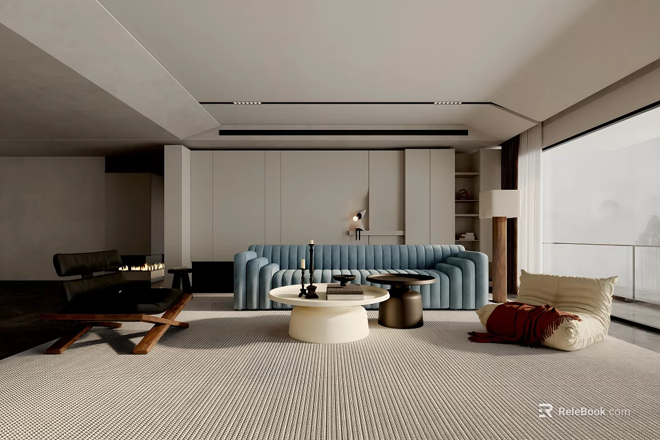 Elegant Modern Living Room Interior With Blue Sofa Round Coffee Table Carpet And Large Window 3d model 