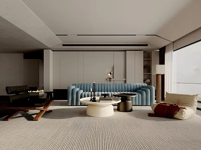 Elegant Modern Living Room Interior With Blue Sofa Round Coffee Table Carpet And Large Window 3d model