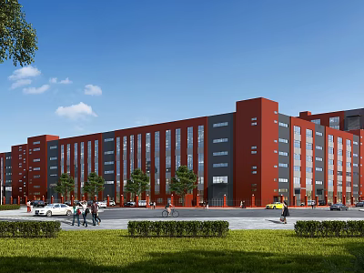 Multi Story Red Industrial Factory Building With Windows Greenery Trees Vehicles Pedestrians Under Clear Sky 3d model