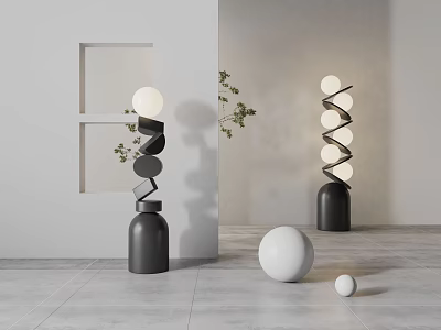Modern Spiral Stack Floor Lamp With Black Base And White Spherical Shade In Minimalist Interior 3d model