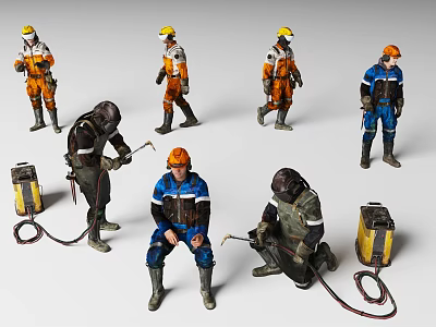 Diverse Workers In Colored Safety Uniforms With Helmets Tools And Various Poses 3d model