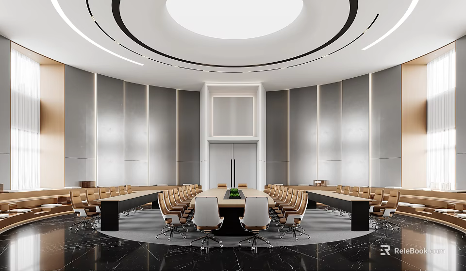 Elegant Modern Conference Room Interior With Circular Ceiling Black Marble Floor And Large Round Table 3d model 