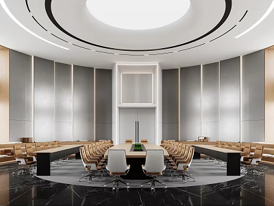 Elegant Modern Conference Room Interior With Circular Ceiling Black Marble Floor And Large Round Table 3d model