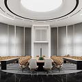 Elegant Modern Conference Room Interior With Circular Ceiling Black Marble Floor And Large Round Table