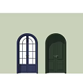 Elegant Blue and Green Arched Swing Doors with Glass Panels and Solid Design 3d model