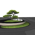 Circular Water Fountain with Small Tree Grass Black Pebbles Under Blue Sky Two People Walking