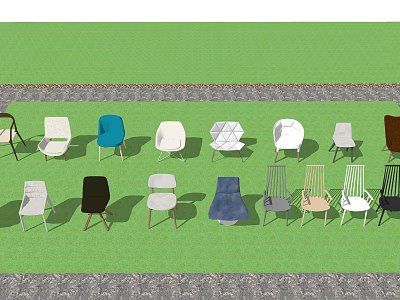 Outdoor Leisure Chairs Various Styles And Colors On Green Grass With Stone Edge Surrounding 3d model