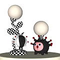 Two Creative Table Lamps With Black White Checkered Design Red Decorations And Spherical Shades