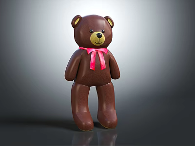 Brown Teddy Bear Doll With Pink Bow Standing On Gray Background 3d model